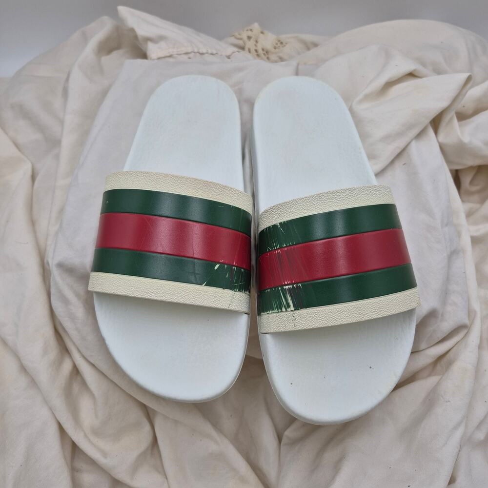 GUCCI Pursuit Stripes White Pool Slides 27 Gucci Web Mens Size US 8